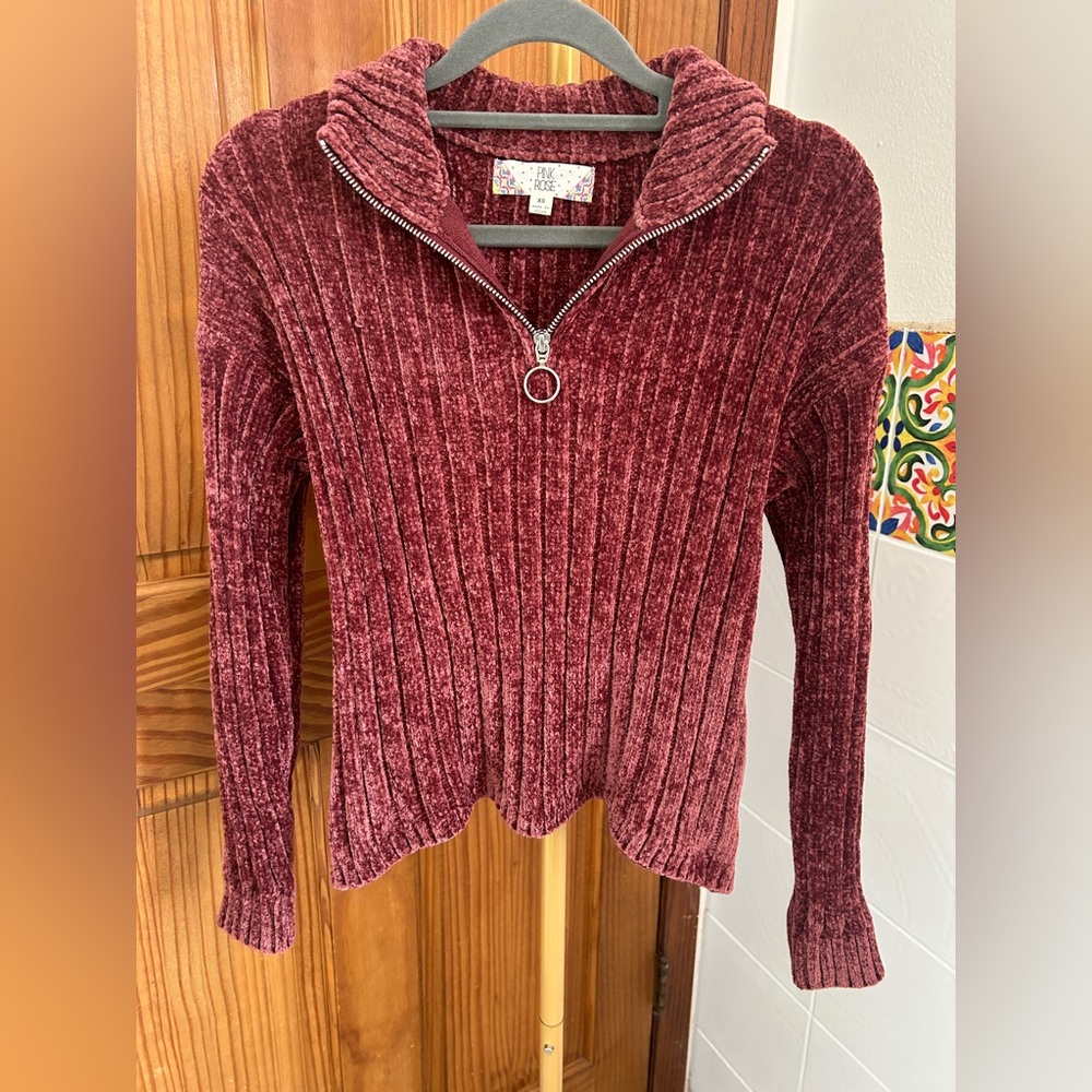 Pink Rose Maroon/dark pink Chenille Ribbed Turtleneck Quarter-Zip Sweater